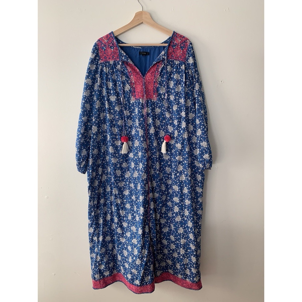 J.Crew Tunic Dress Night Sky Block Print $168 Maxi Tassels Pink Embroidery Boho